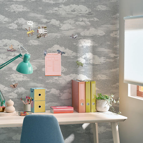 cloudy grey sky magnetic wallpaper in home office with magnets on wall