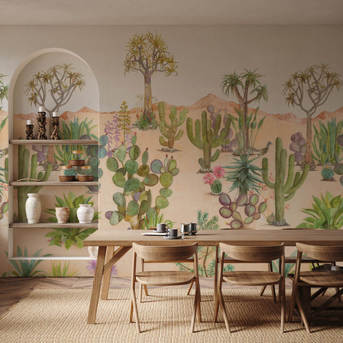Desert themed mural wallpaper in dining room