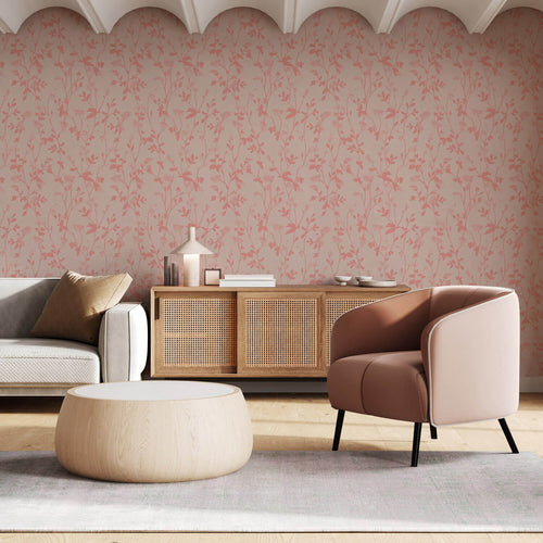 Papel de parede floral rosa de planta de videira na sala de estar moderna