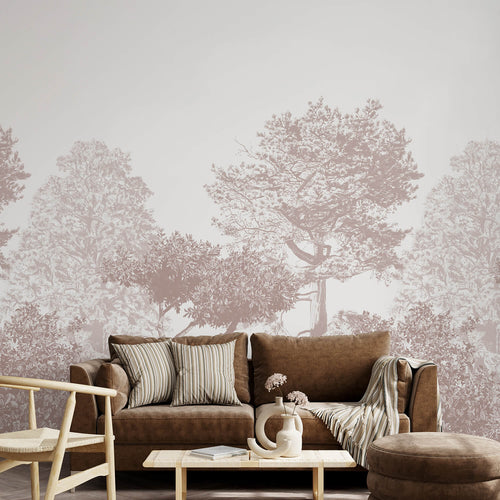 Brown trees wallpaper in living room behind brown sofa