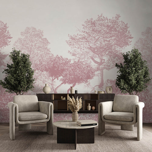 Purple trees wallpaper behind luxury seating area with trees