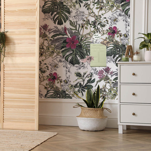 pink and green bold tropical leaves magnetic wallpaper in bedroom with magnets on wall