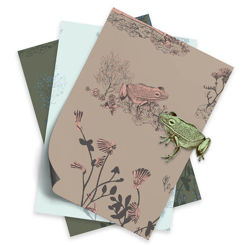 A4 magnetic wallpaper samples of Woodlands Brown Pink, Blue Green and Khaki Blue with magnet
