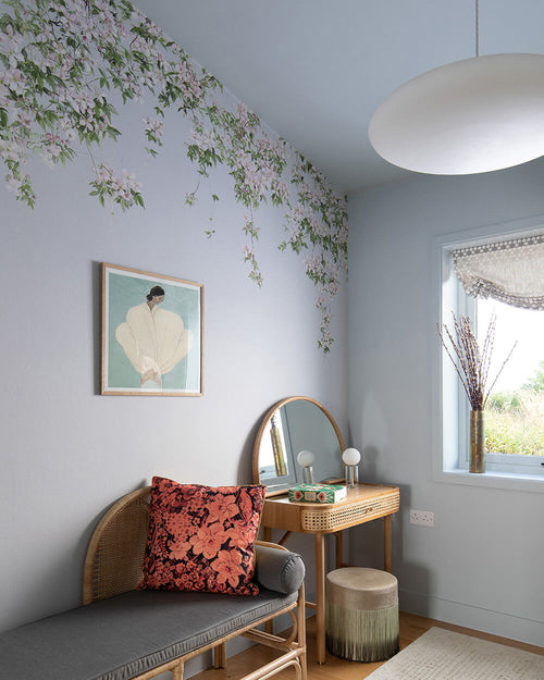 Clematis Dusty Blue Mural Wallpaper behind desk Sian Zeng