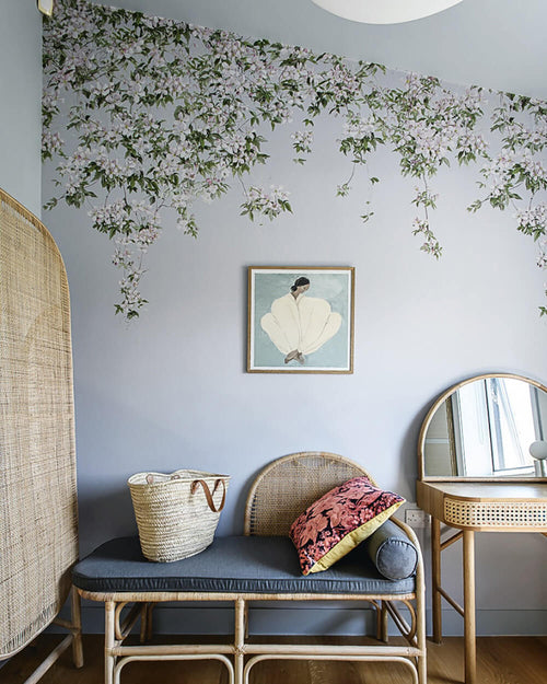Clematis Dusty Blue Mural Wallpaper behind desk Sian Zeng