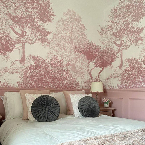 Purple trees wallpaper behind luxury seating area with trees