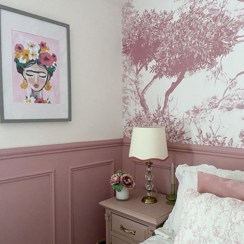 Purple trees wallpaper behind luxury seating area with trees