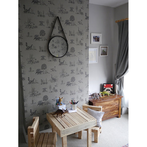 neutral coloured illustrated dinosaur wallpaper by Sian Zeng in situ