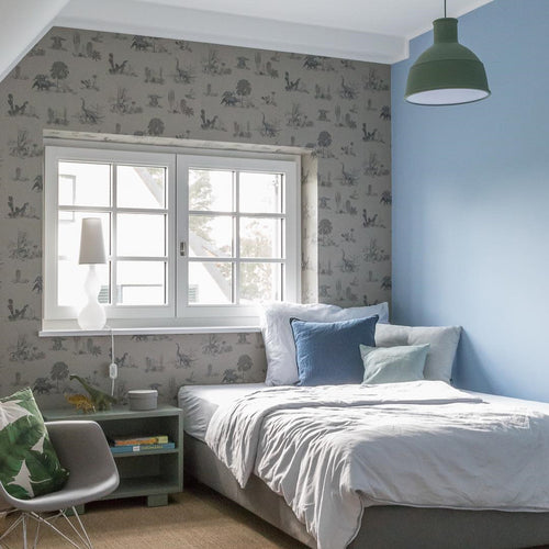 neutral coloured illustrated dinosaur wallpaper by Sian Zeng in situ