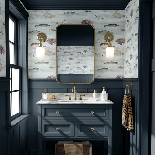 Under the water fish wallpaper puffer fish snorkelers in powder bathroom
