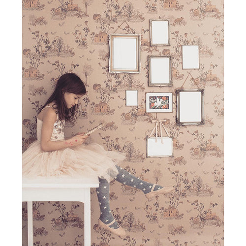 Woodlands Brown Pink Wallpaper with table Sian Zeng