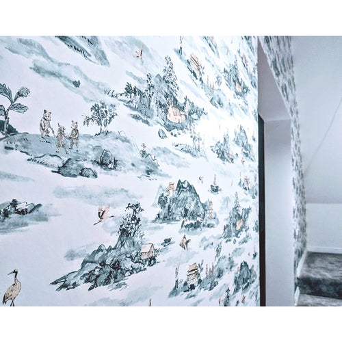 Mountains Wallpaper Sample pack. Children's Wallpaper, Fun Wallpaper, Birds, Bears, Boats, Blue, Peach, Pink, Grey, Designer Wallpaper.
