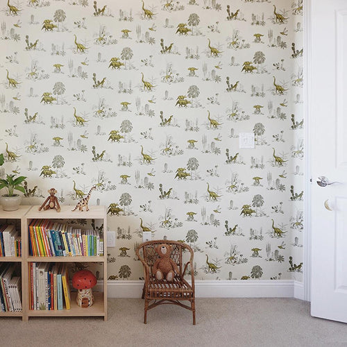 yellow and green dinosaurs magnetic wallpaper for children's rooms with boy playing explorer