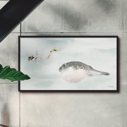Framed print of a snorkler swimming with a pufferfish illustration