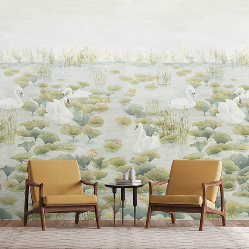 Swan Lake Mural Wallpaper Green behind chairs by Sian Zeng