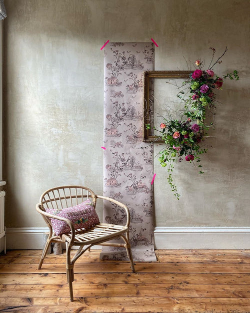 Woodlands Brown Pink Wallpaper with table Sian Zeng