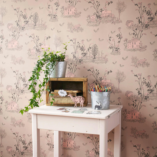 Woodlands Papel de parede rosa marrom com mesa Sian Zeng