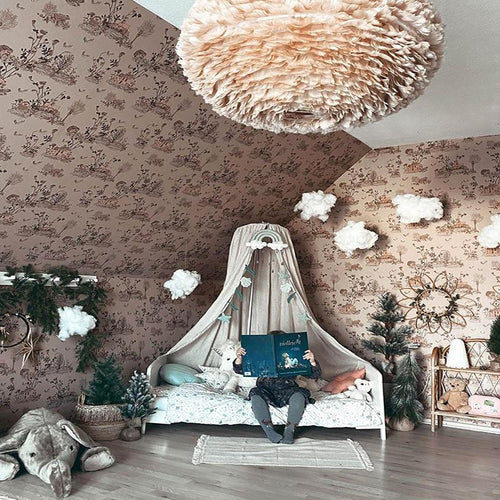 Woodlands Brown Pink Wallpaper with table Sian Zeng