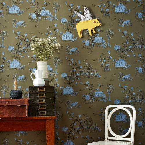 Woodlands Khaki Blue Wallpaper Schreibtisch Sian Zeng