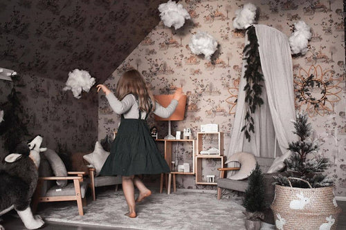 Woodlands Brown Pink Wallpaper with table Sian Zeng