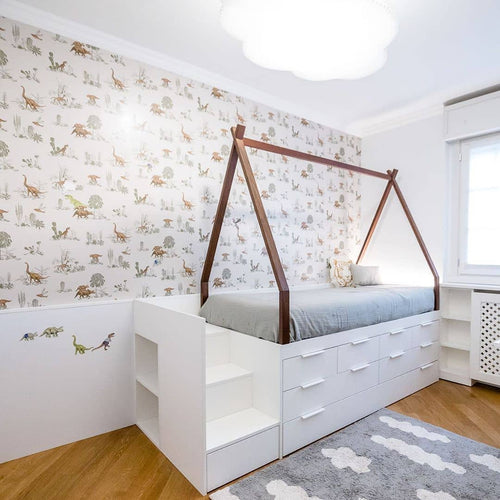 Papel de parede de dinossauros estilizado com flores e mesa vintage cinza