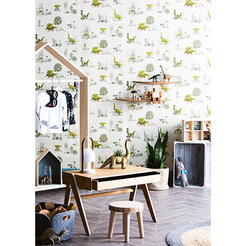 yellow and green dinosaurs magnetic wallpaper for children's rooms with boy playing explorer