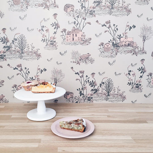 Woodlands Brown Pink Wallpaper with table Sian Zeng