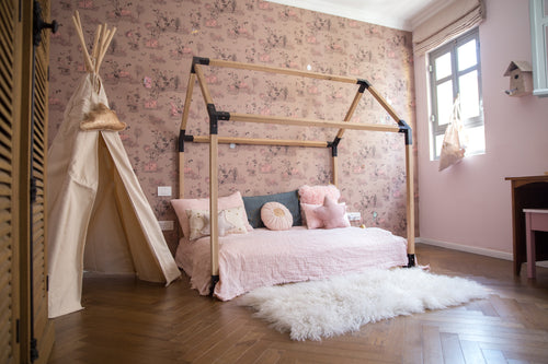 Woodlands Brown Pink Wallpaper with table Sian Zeng