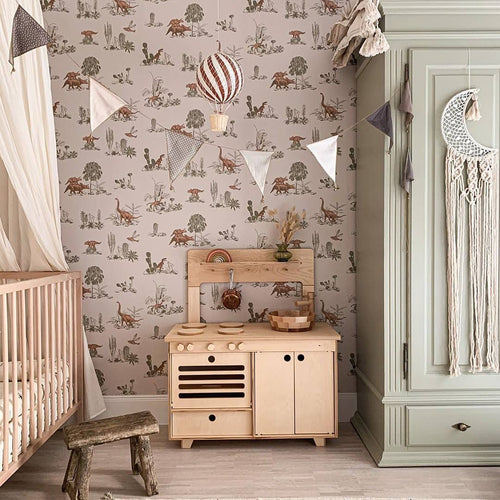 Papel de parede de dinossauros estilizado com flores e mesa vintage cinza