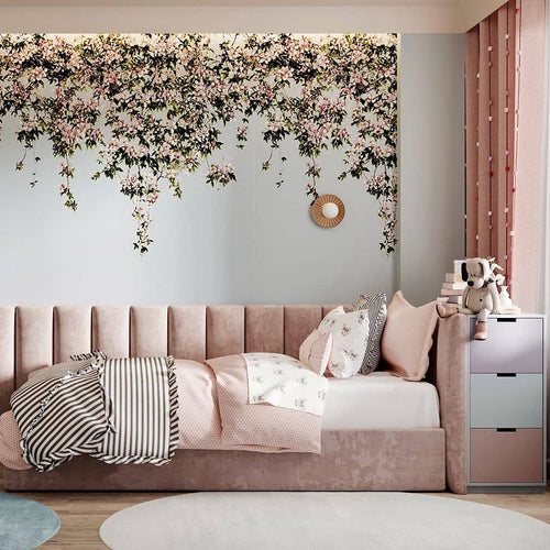Clematis Dusty Blue Mural Wallpaper behind desk Sian Zeng