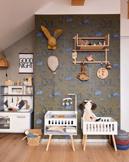 Woodlands Khaki Blue Wallpaper Desk Sian Zeng
