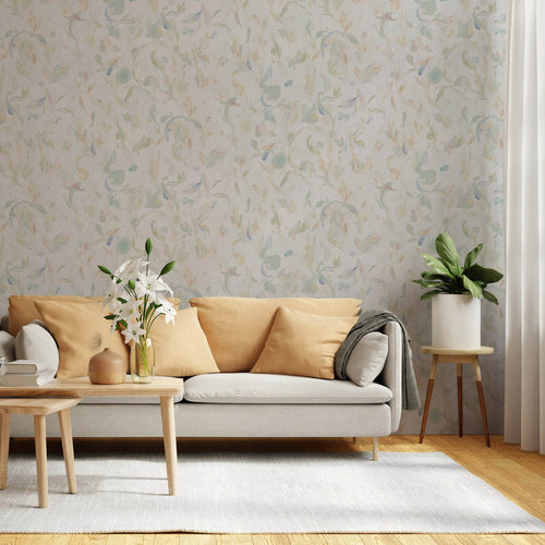green abstract floral wallpaper in living room