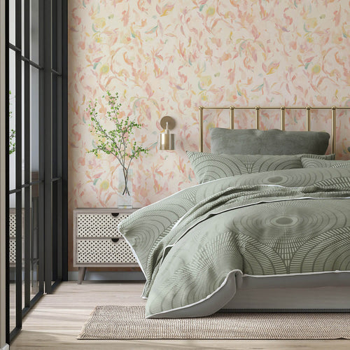 peach abstract floral wallpaper in bedroom