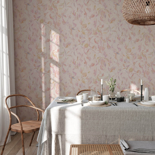 pink abstract floral wallpaper in dining room