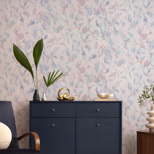 violet purple abstract floral wallpaper in living room