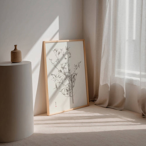 Neutral grey bamboo painting large print in Japandi interior with minimalist decor