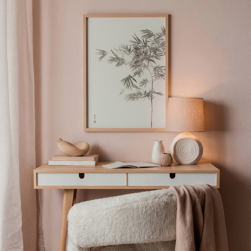Neutral grey bamboo painting print in feminine Japandi interior with minimalist decor