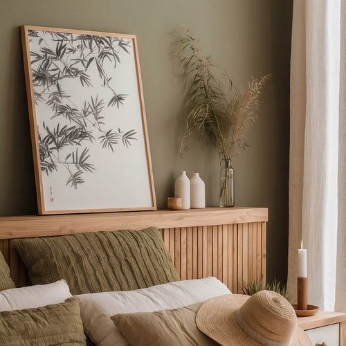 Neutral grey bamboo painting print in green Japandi interior with minimalist decor