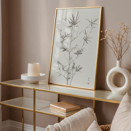 Neutral grey bamboo painting print in Japandi interior with minimalist decor
