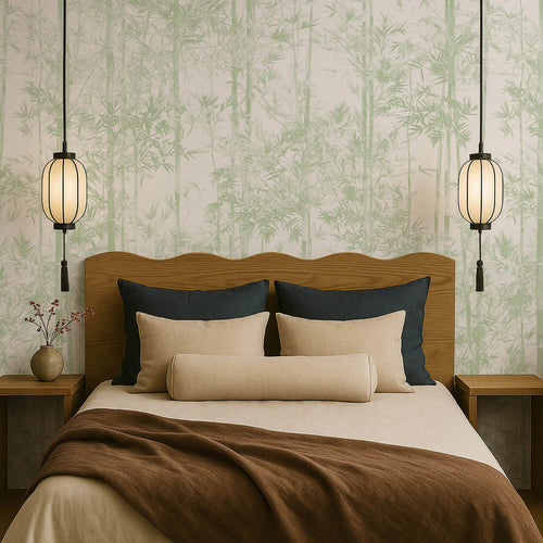 Bedroom with wooden headboard, pillows, and wall with green bamboo pattern