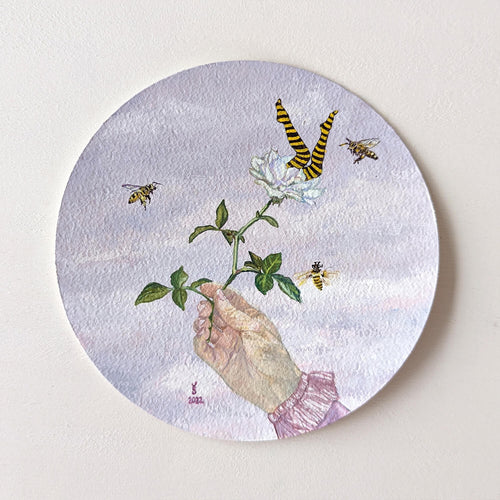 Bee original art round painting on light background