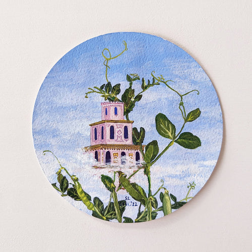 Castle in the sky original art round painting on light background