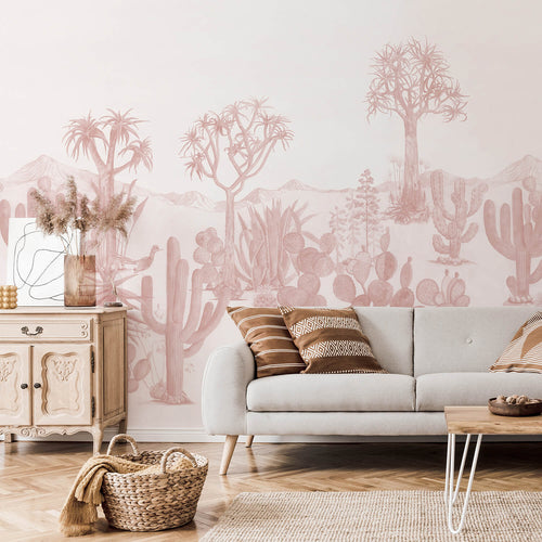 Pink desert themed mural wallpaper in living room