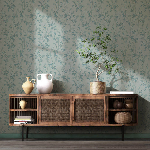 Vine plant turquoise blue green floral wallpaper in living room