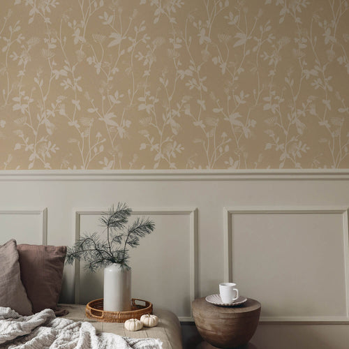 Vine plant yellow beige floral wallpaper in bedroom