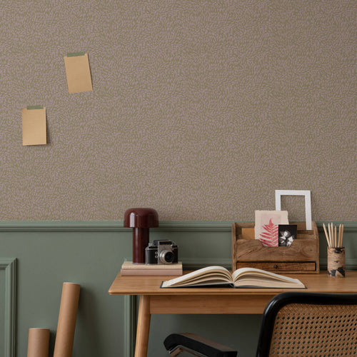 pink and green textured dots wallpaper in home office