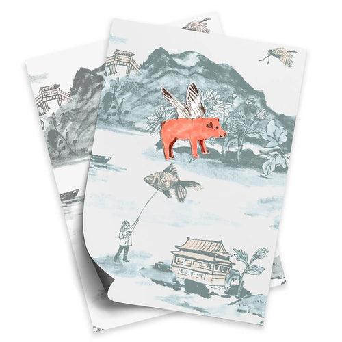 A4 magnetic wallpaper samples of Mountains Blue Peach and Grey Pink with magnet