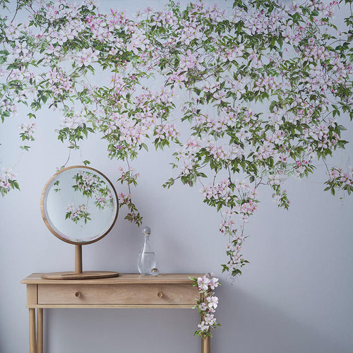 Clematis Dusty Blue Mural Wallpaper behind desk Sian Zeng