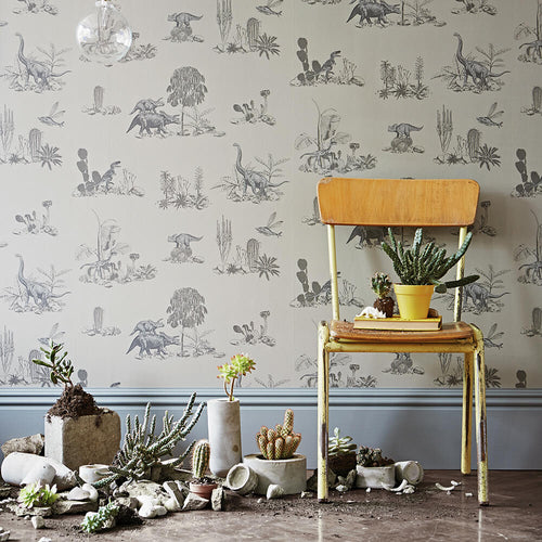 neutral coloured illustrated dinosaur wallpaper by Sian Zeng in situ 