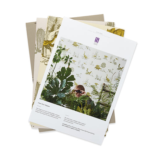 Dinosaur Fun Wallpaper Sample Pack. Yellow, Green, Grey, Pink. Kids bedroom, Designer Wallpaper.